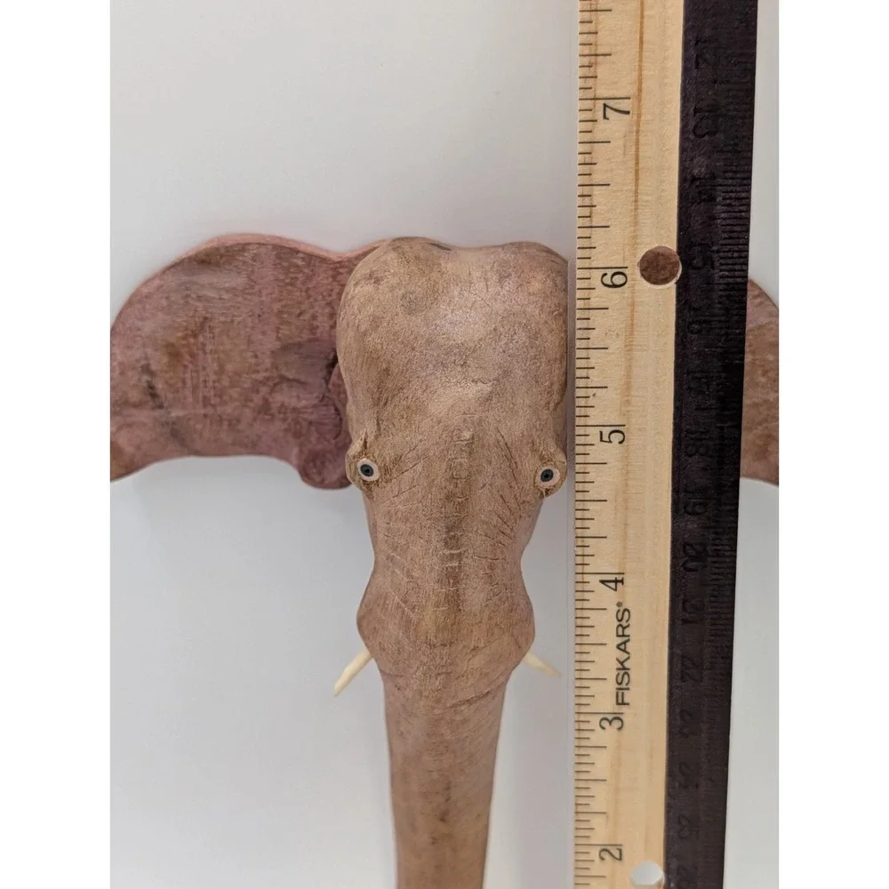 Vintage Hand Carved Wood Elephant Head Wall Decor Key Hook Holder India